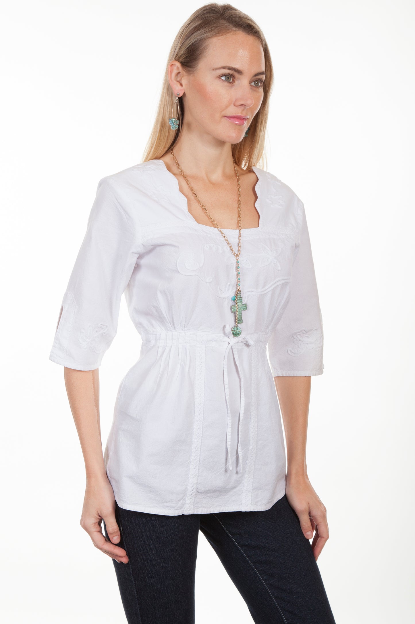 Scully Cantina Women's 3/4 Sleeve Tie Waist Blouse in White