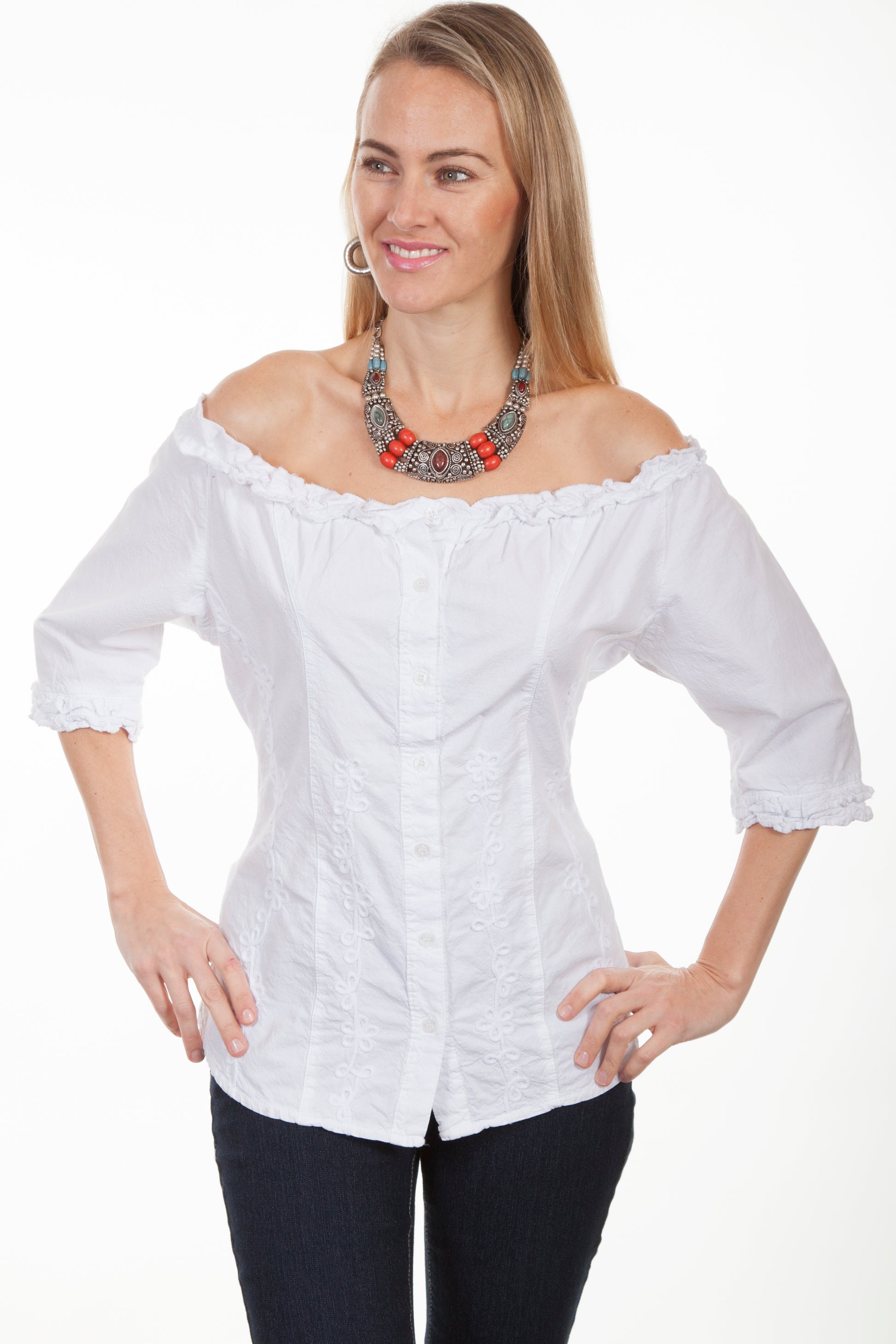 Scully Cantina Women's 3/4 Sleeve Scoop Neck Button Front Blouse in White