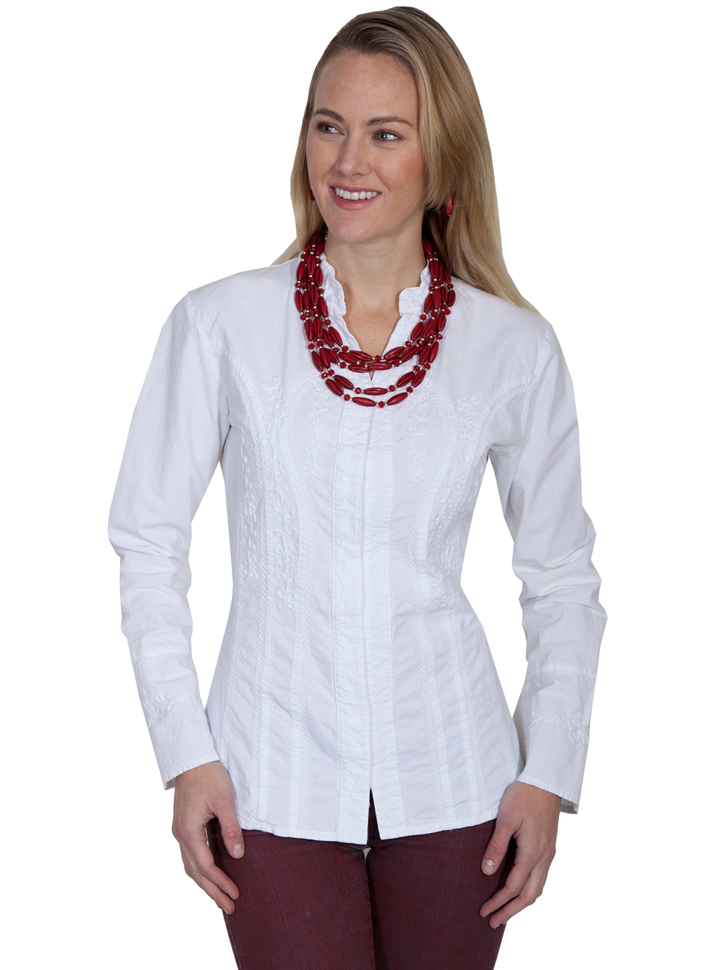 Scully Women's Long Sleeve Blouse With band Collar/bell Cuffs in White