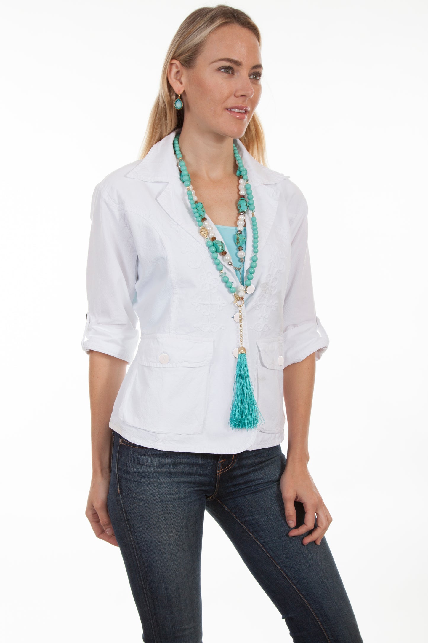 Scully Women's Cotton Jacket with Roll Sleeves in White Jacket