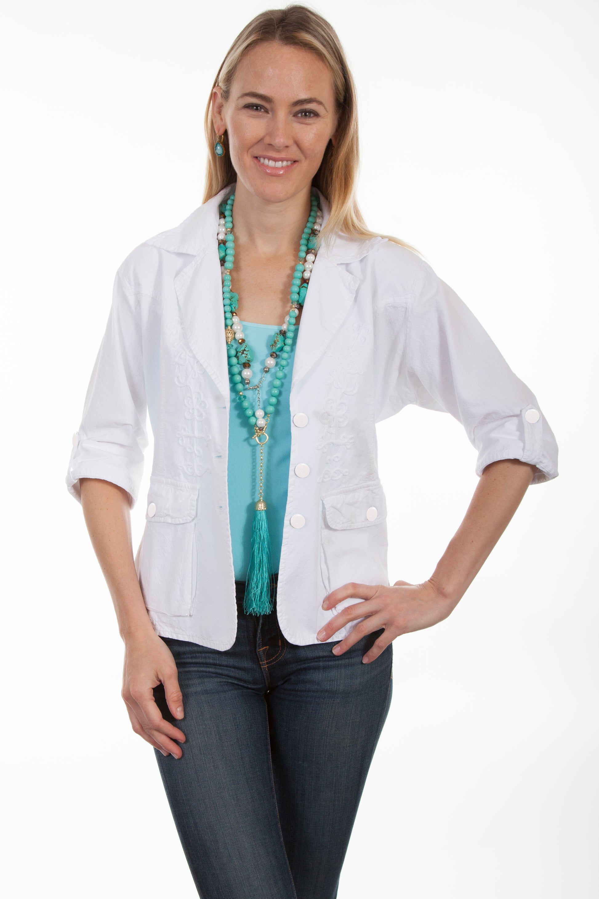 Scully Women's Cotton Jacket with Roll Sleeves in White Jacket