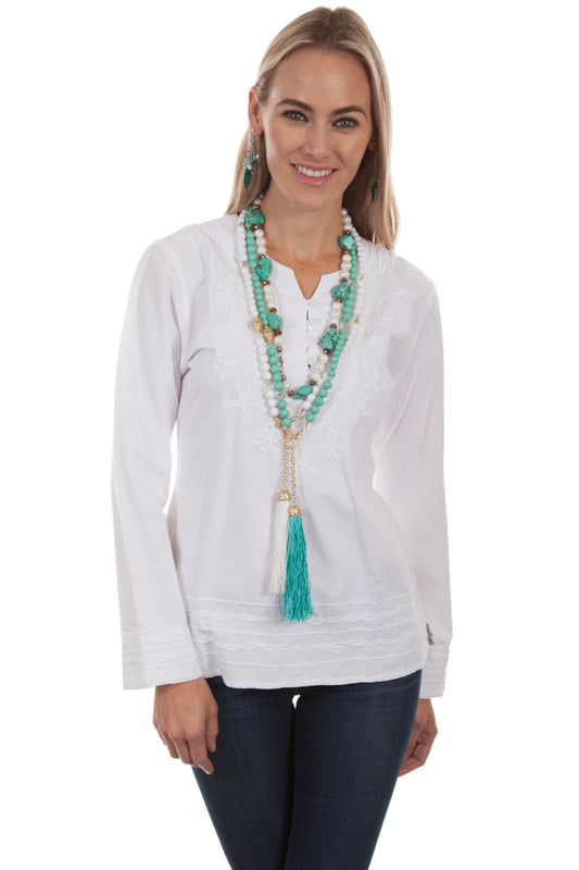 Scully Women's Long Sleeve 4 Button Front Blouse in White