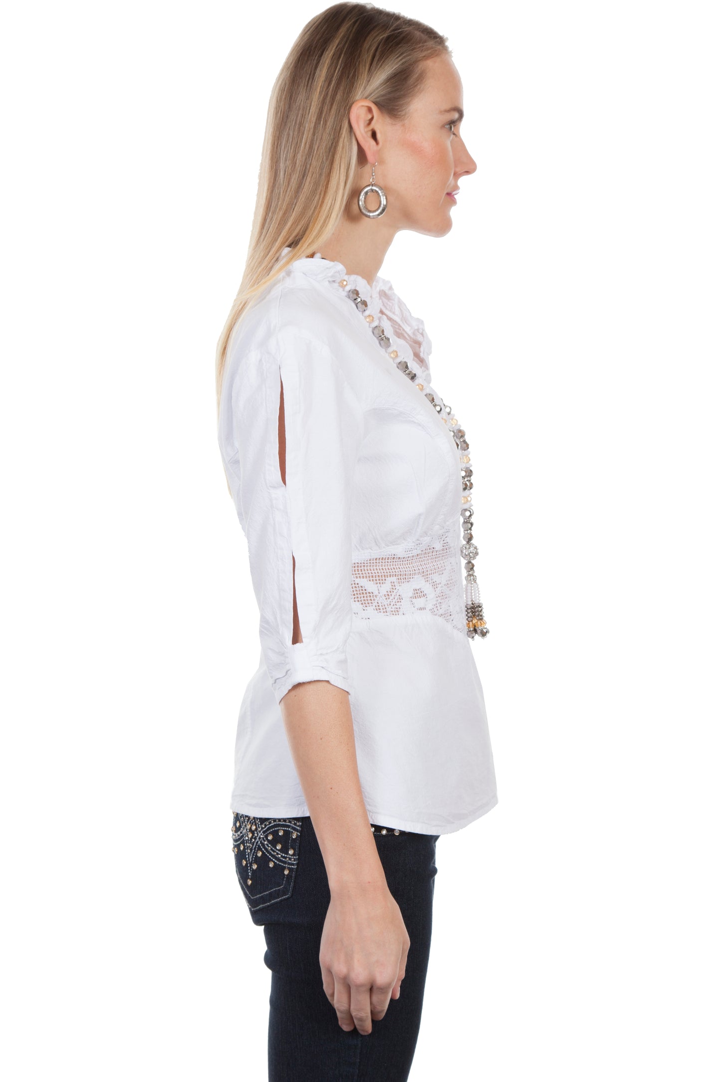 Scully Cantina Women's 3/4 Peek-a-boo Sleeve Blouse in White