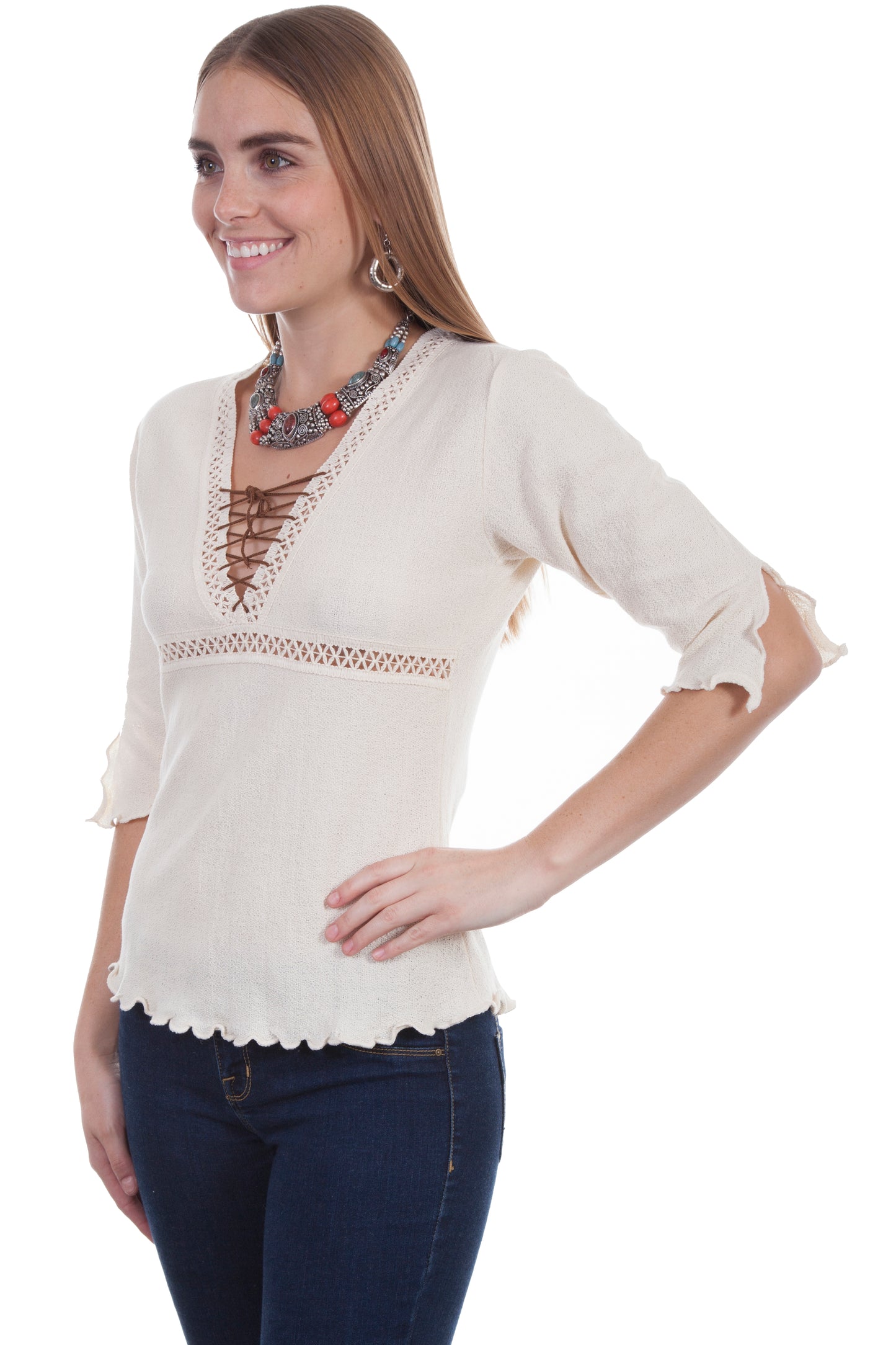 Scully Cantina Women's 3/4 Slv Lace Up Front Blouse in Natural