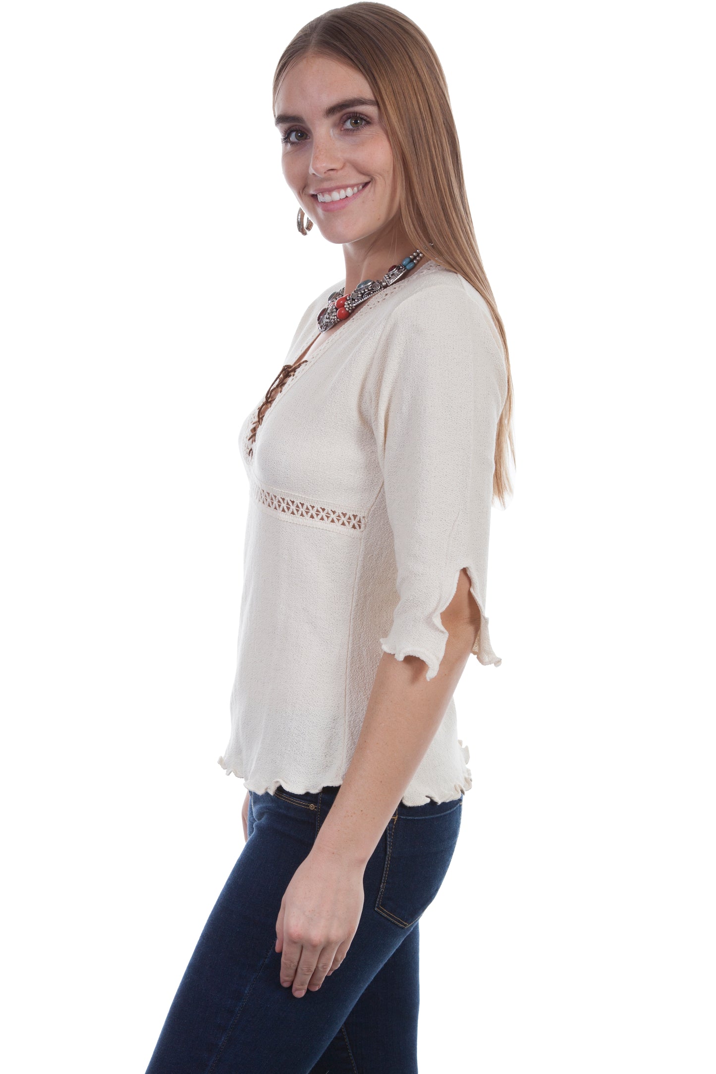 Scully Cantina Women's 3/4 Slv Lace Up Front Blouse in Natural