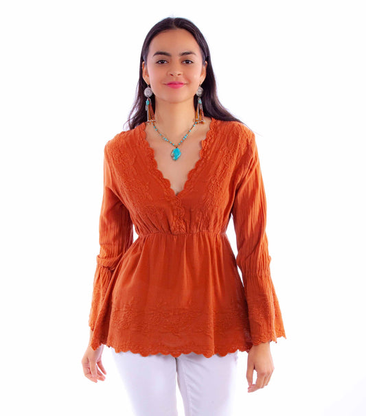 Scully Western Women's Plunging Neckline with bell Sleeves in Ginger