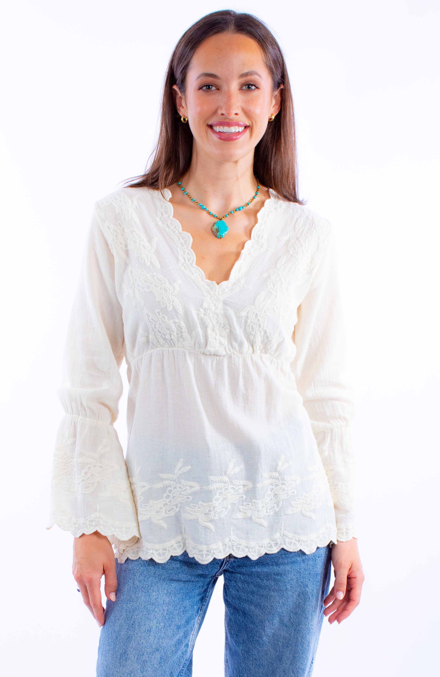 Scully Western Women's Plunging Neckline with Bell Sleeves in Vanilla