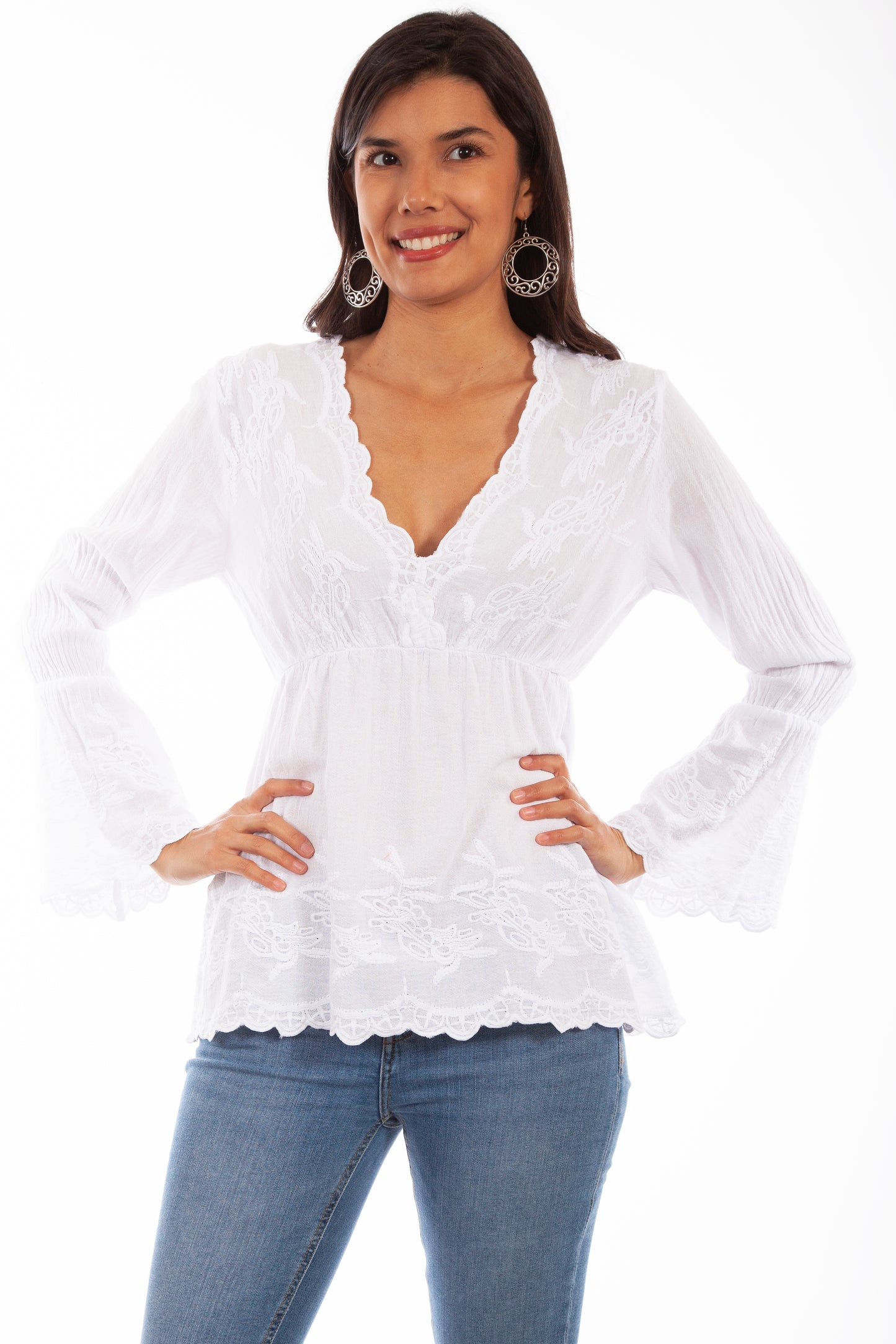 Scully Women's Plunging Neckline with Bell Sleeves in White