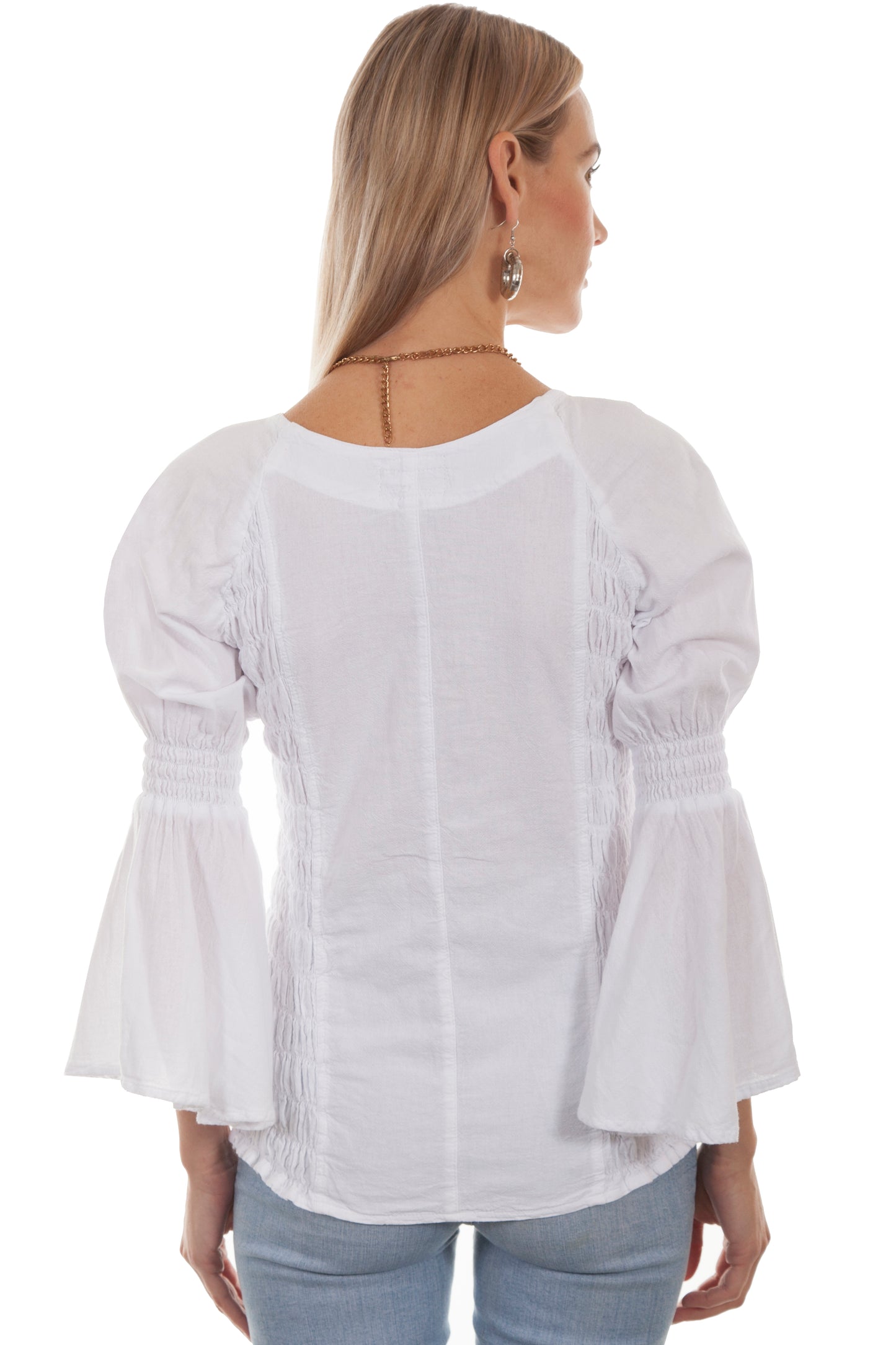 Scully Cantina Women's Lace Up Long Sleeve Blouse with Side Smocking in White