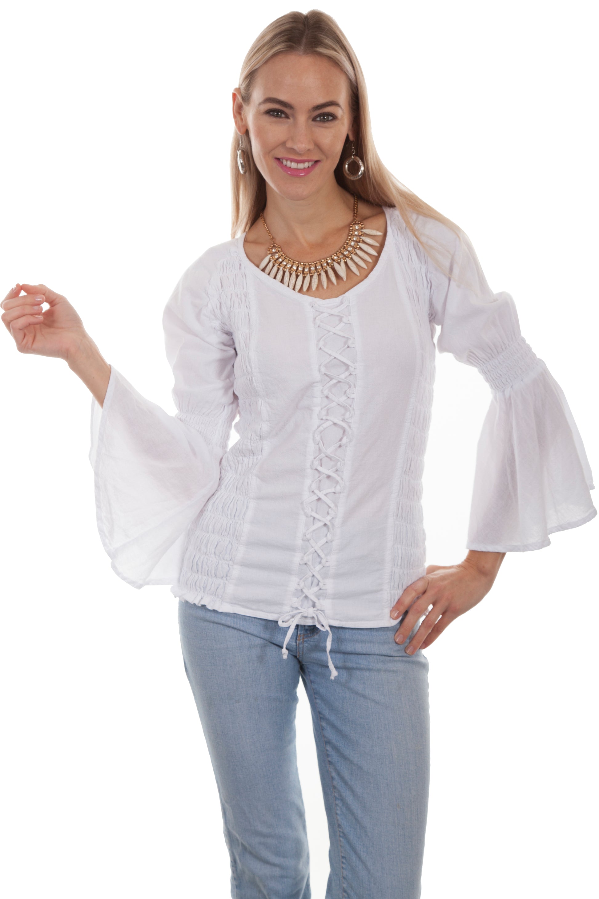 Scully Cantina Women's Lace Up Long Sleeve Blouse with Side Smocking in White