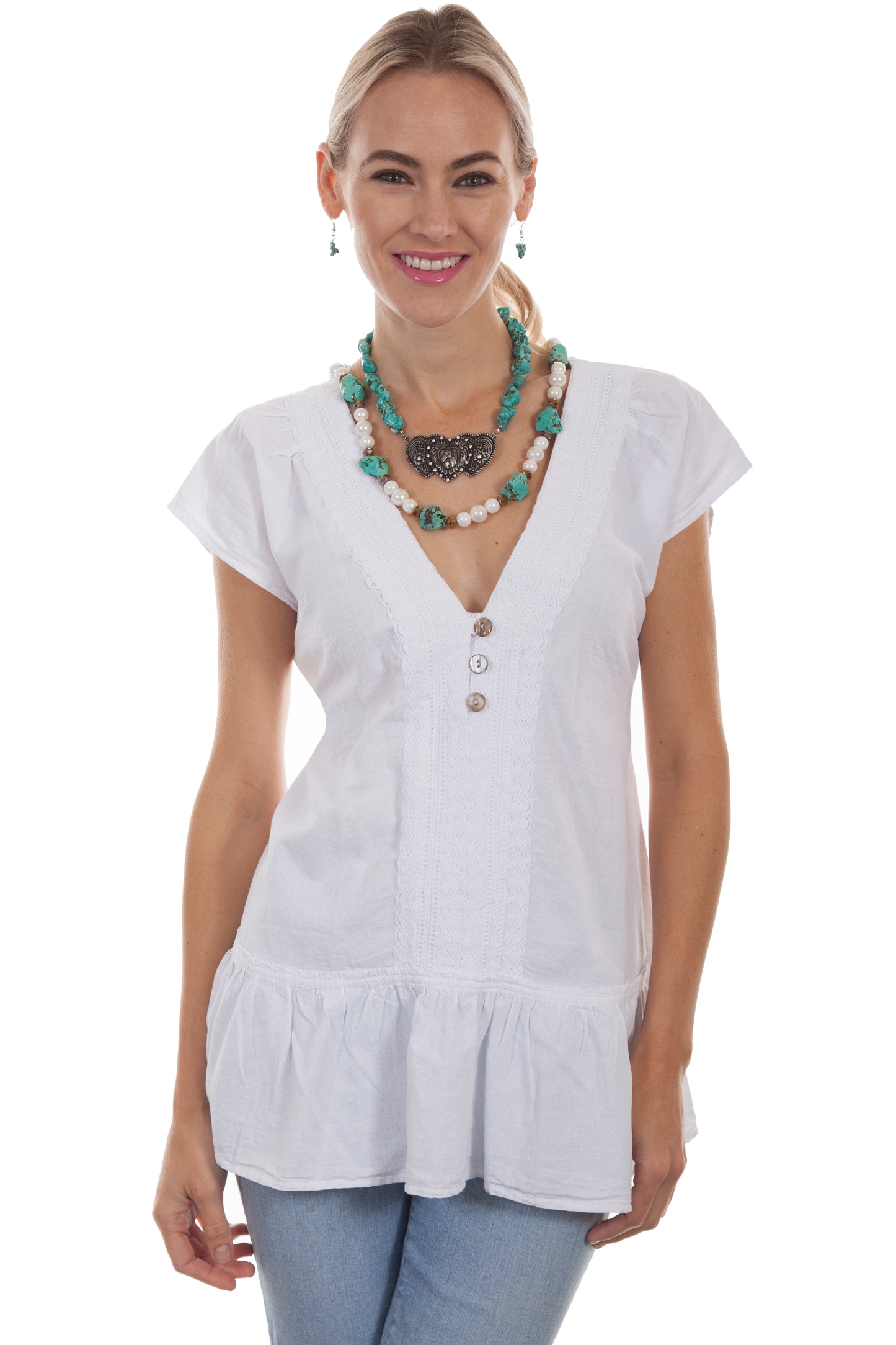 Scully Women's Tie Back V-neck Blouse With Ruffle Bottom in White