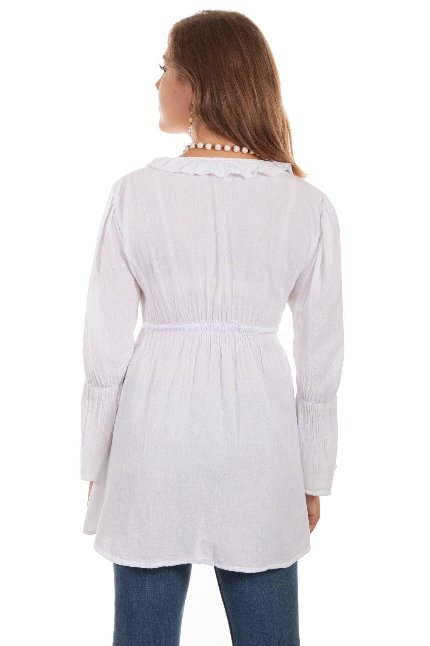 Scully Women's Long Sleeve Ruffle Tie Neck Blouse in White