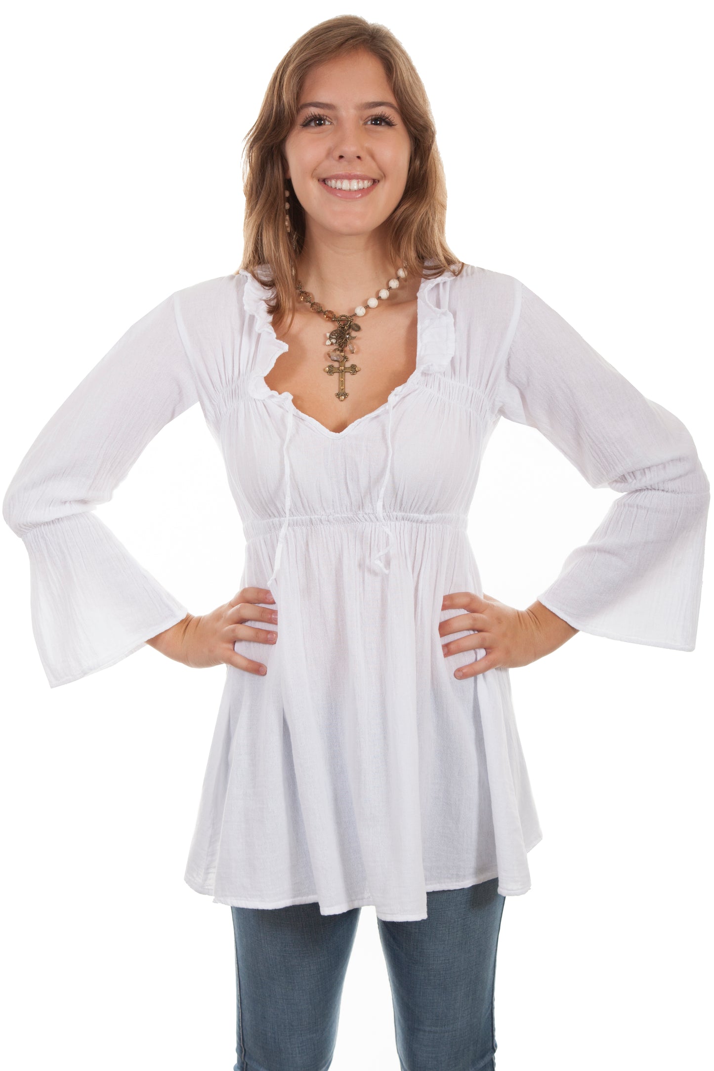 Scully Women's Long Sleeve Ruffle Tie Neck Blouse in White