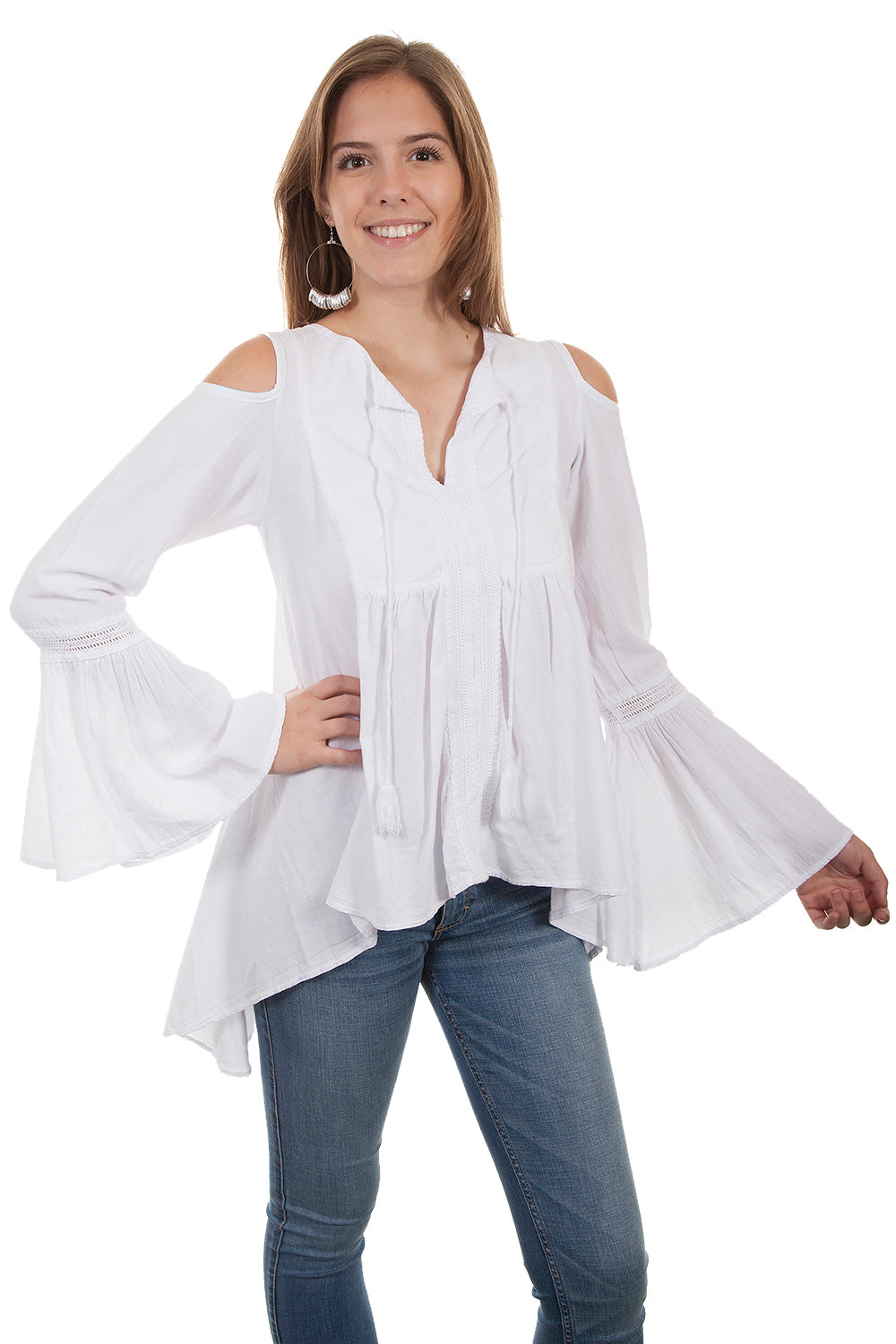 Scully Cantina Women's Tie Front Cold Shoulder Bell Sleeve in White