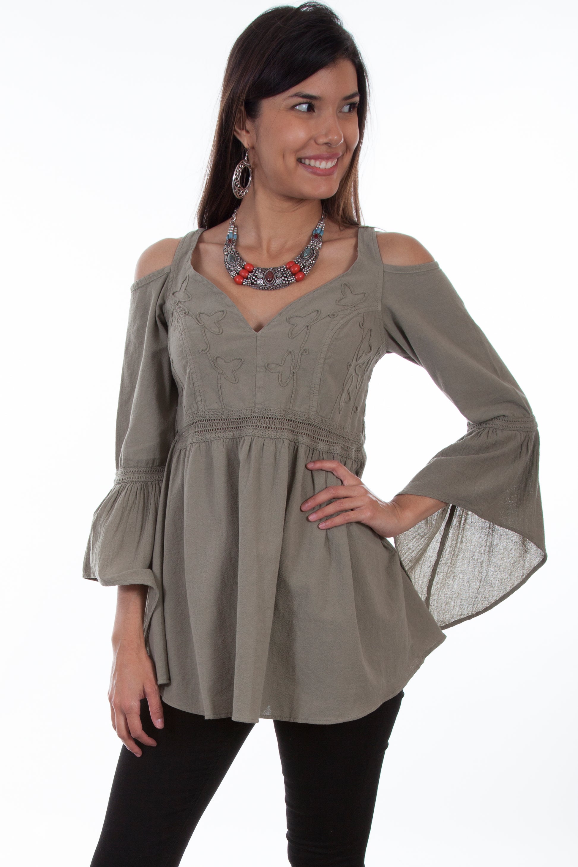 Scully Women's Cold Shoulder Long Sleeve Tunic in Olive