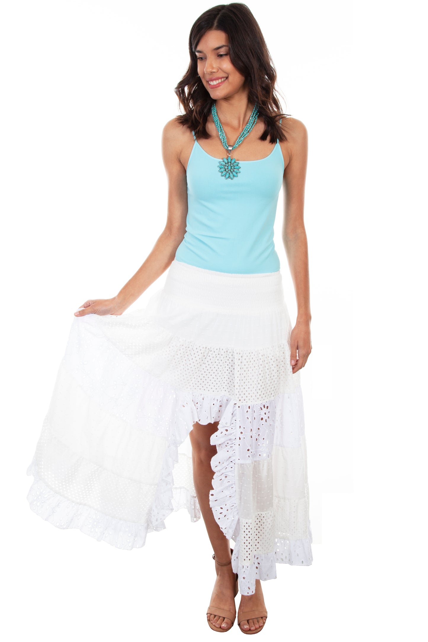 Scully Women's Tiered Lace Skirt with smocked Waist in White Skirt