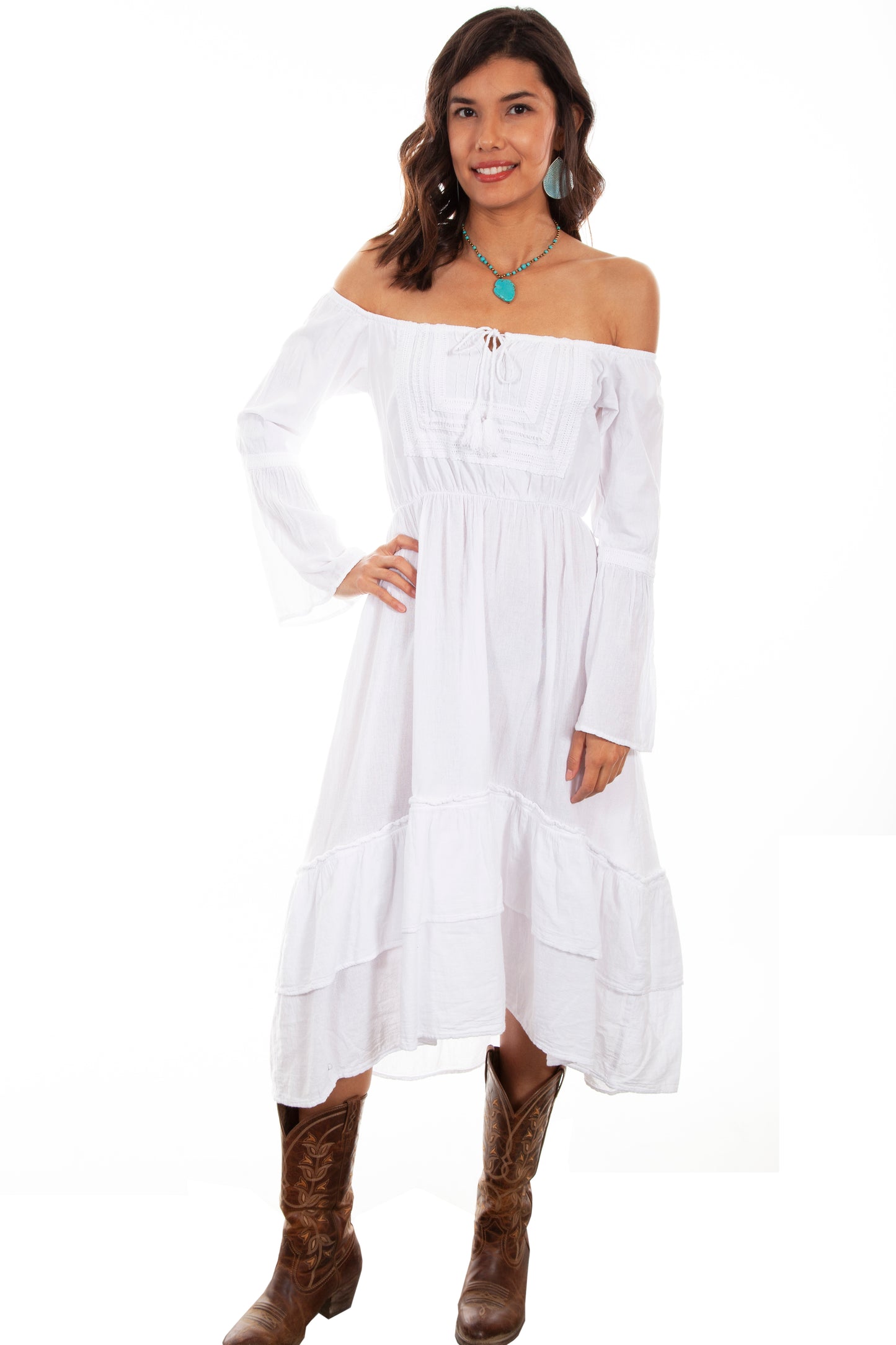 Scully Western Women's Scoop Neck Long Sleeve Long Dress in White