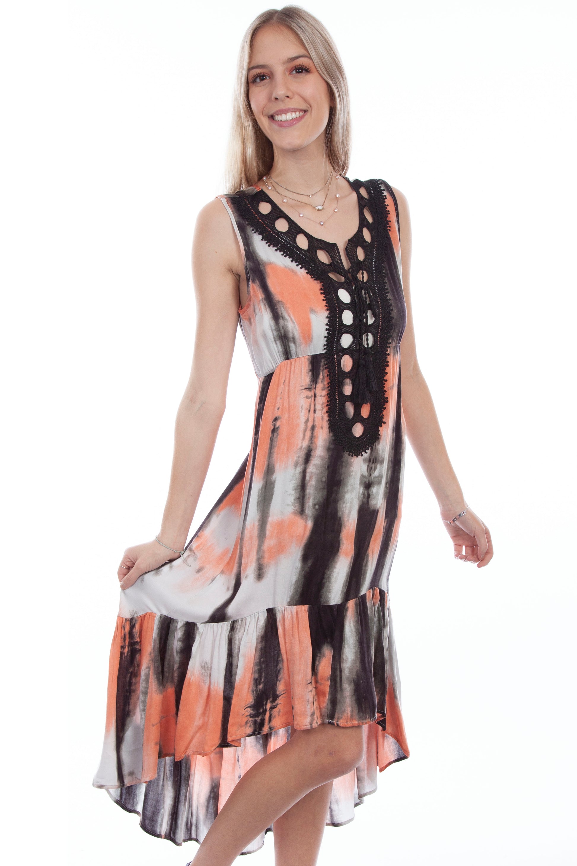 Scully Western Women's Crochet Neck Tie Dye Dress in Coral