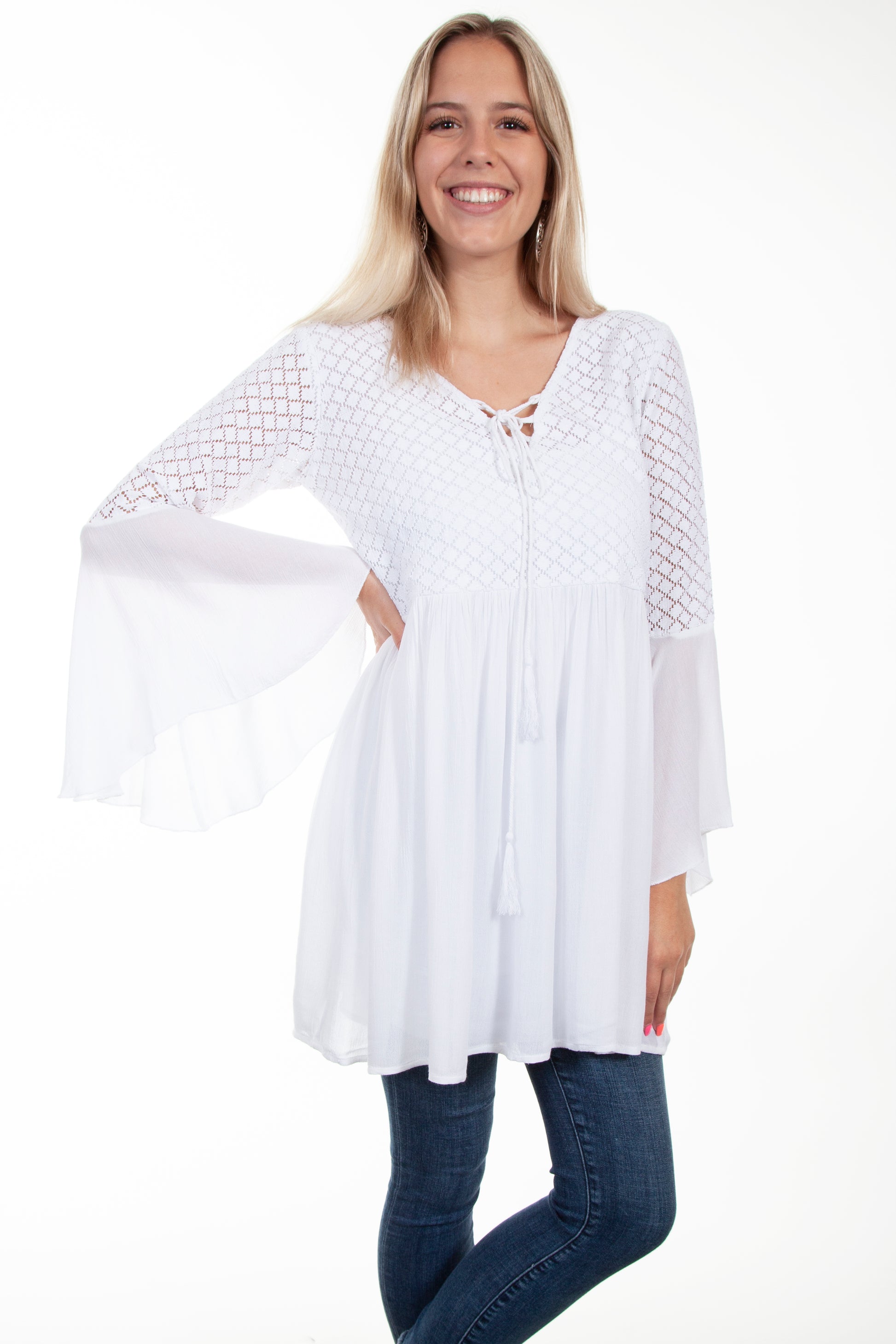 Scully Western Women's Cotton Bodice Crepe Tie Front Dress in White