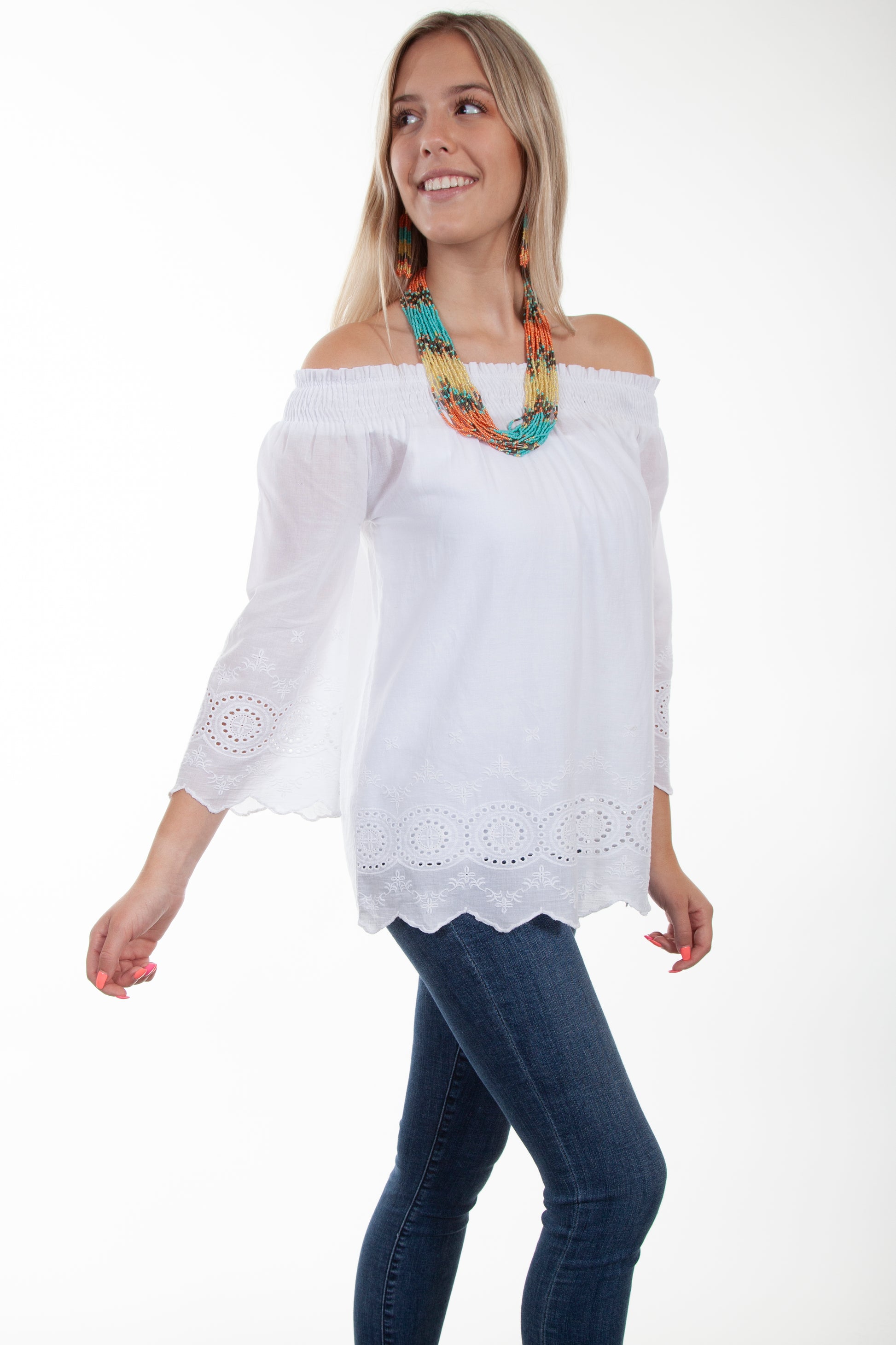 Scully Western Women's Off Shoulder Eyelet Embroidered Bottom Blouse in White