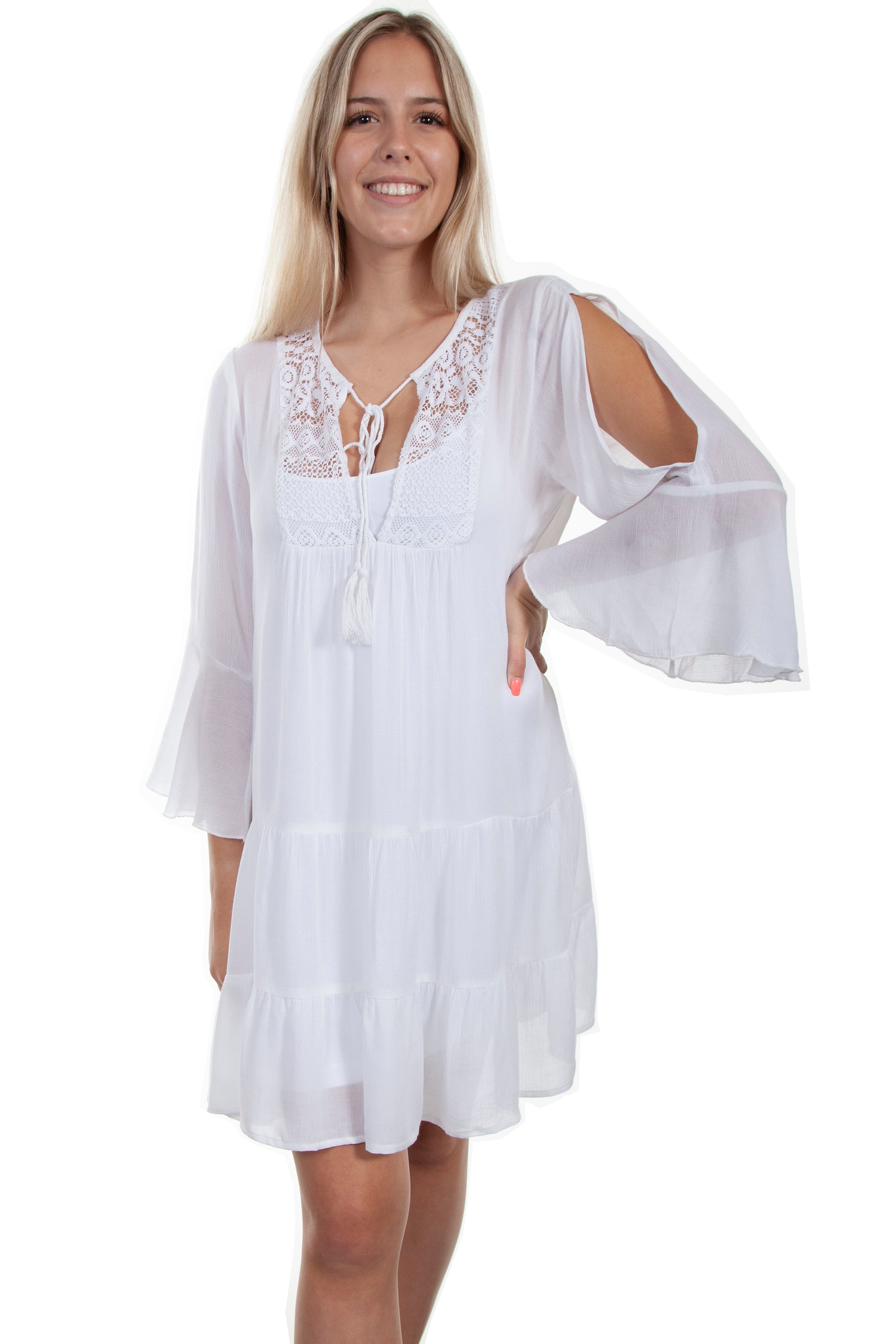 Scully Western Women's Tie Front Lace Bodice Dress in White