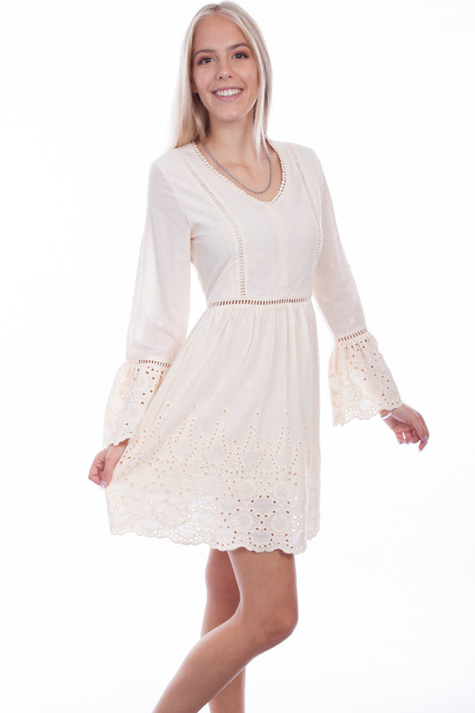 Scully Western Women's Dress With Ruffle Eyelet Fabric Sleeves in Ivory