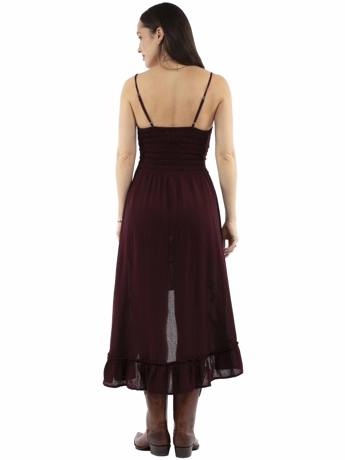 Scully Western Women's Embroidered Spaghetti Strap Dress in Burgundy