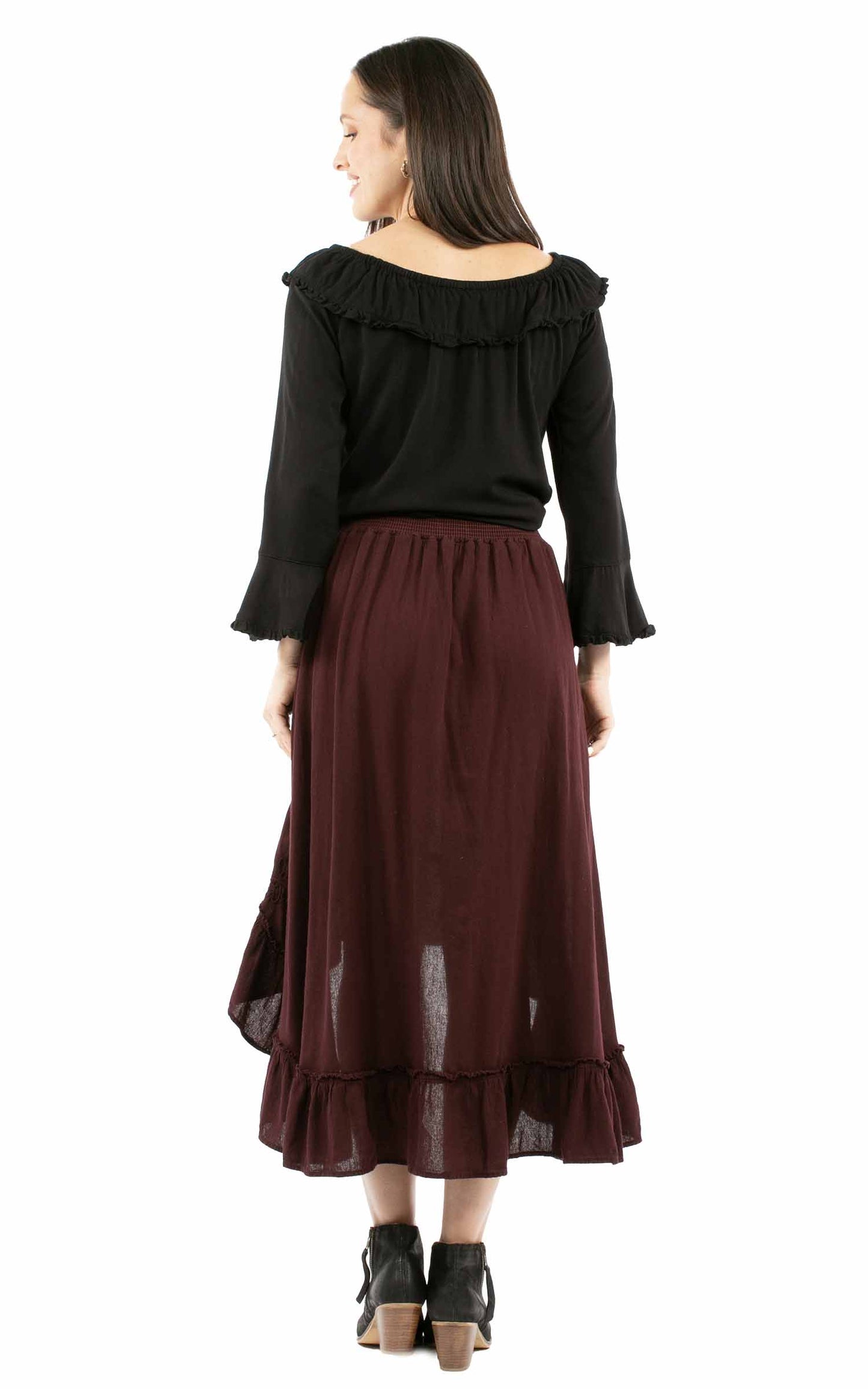 Scully Western Women's Hi/lo Skirt With Ruffle Bottom in Burgundy