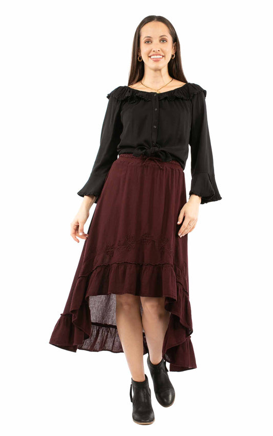 Scully Western Women's Hi/lo Skirt With Ruffle Bottom in Burgundy