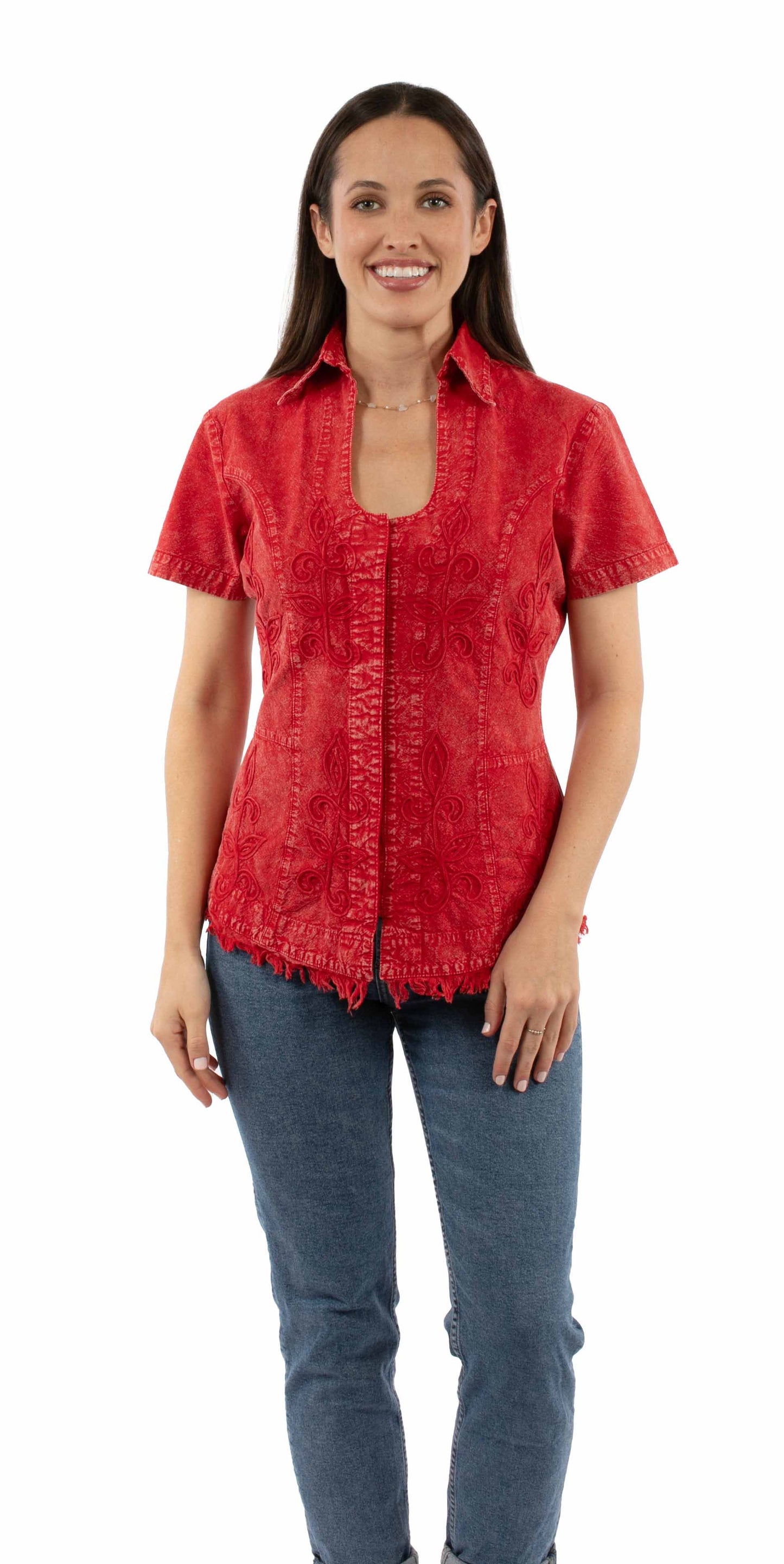 Scully Cantina Women's Short Sleeve Embroidered Blouse in Brick