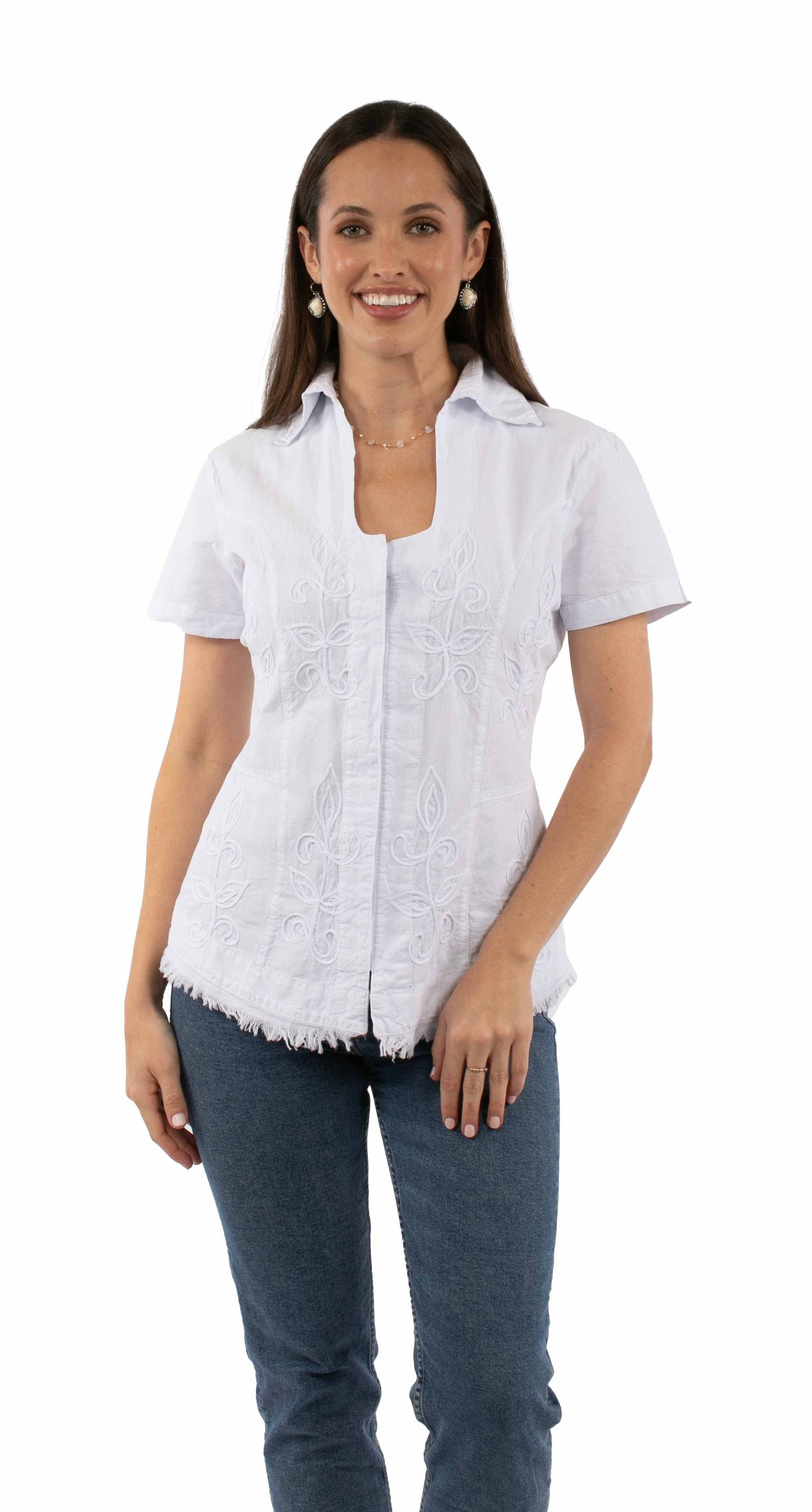 Scully Women's Short Sleeve Embroidered Blouse in White