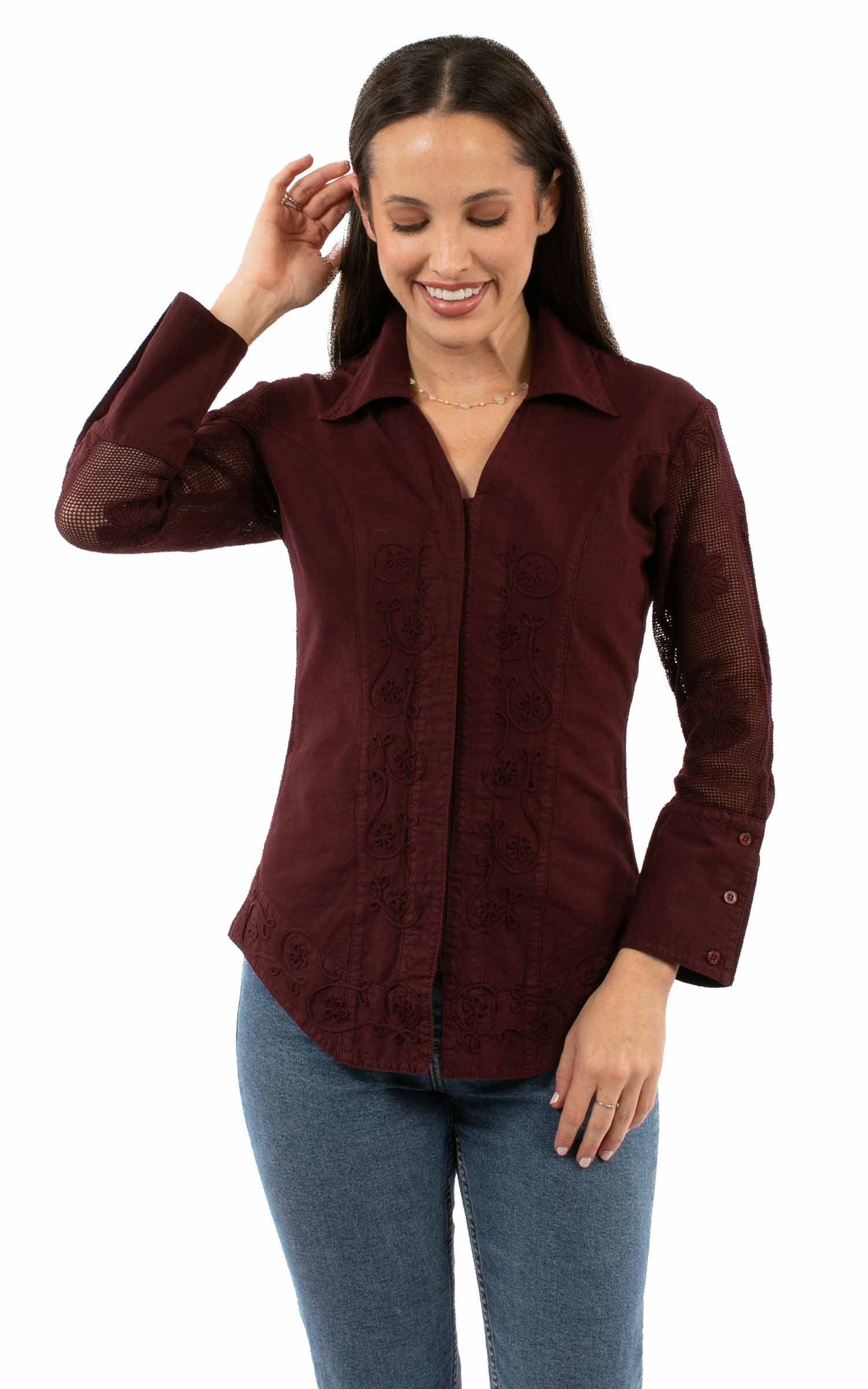 Scully Western Women's Embroidered Blouse with Mesh Sleeves in Burgundy