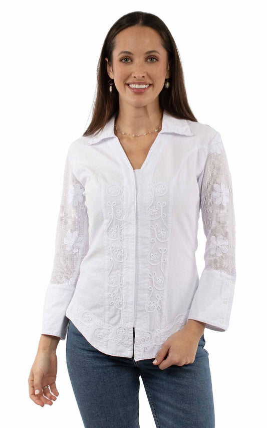 Scully Western Women's Embroidered Blouse with Mesh Sleeves in White