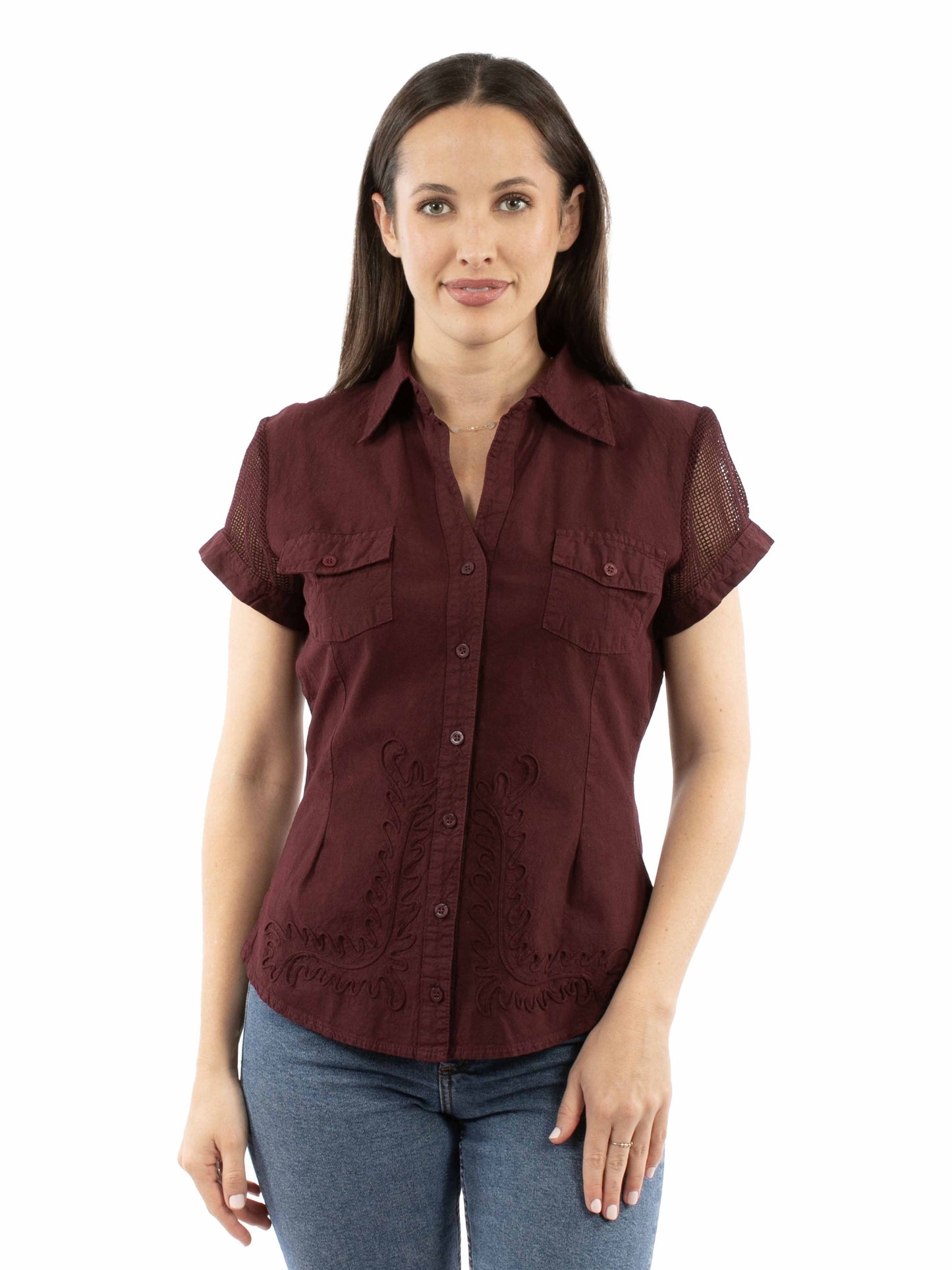 Scully Cantina Women's Mesh Cap Sleeve Blouse in Burgundy