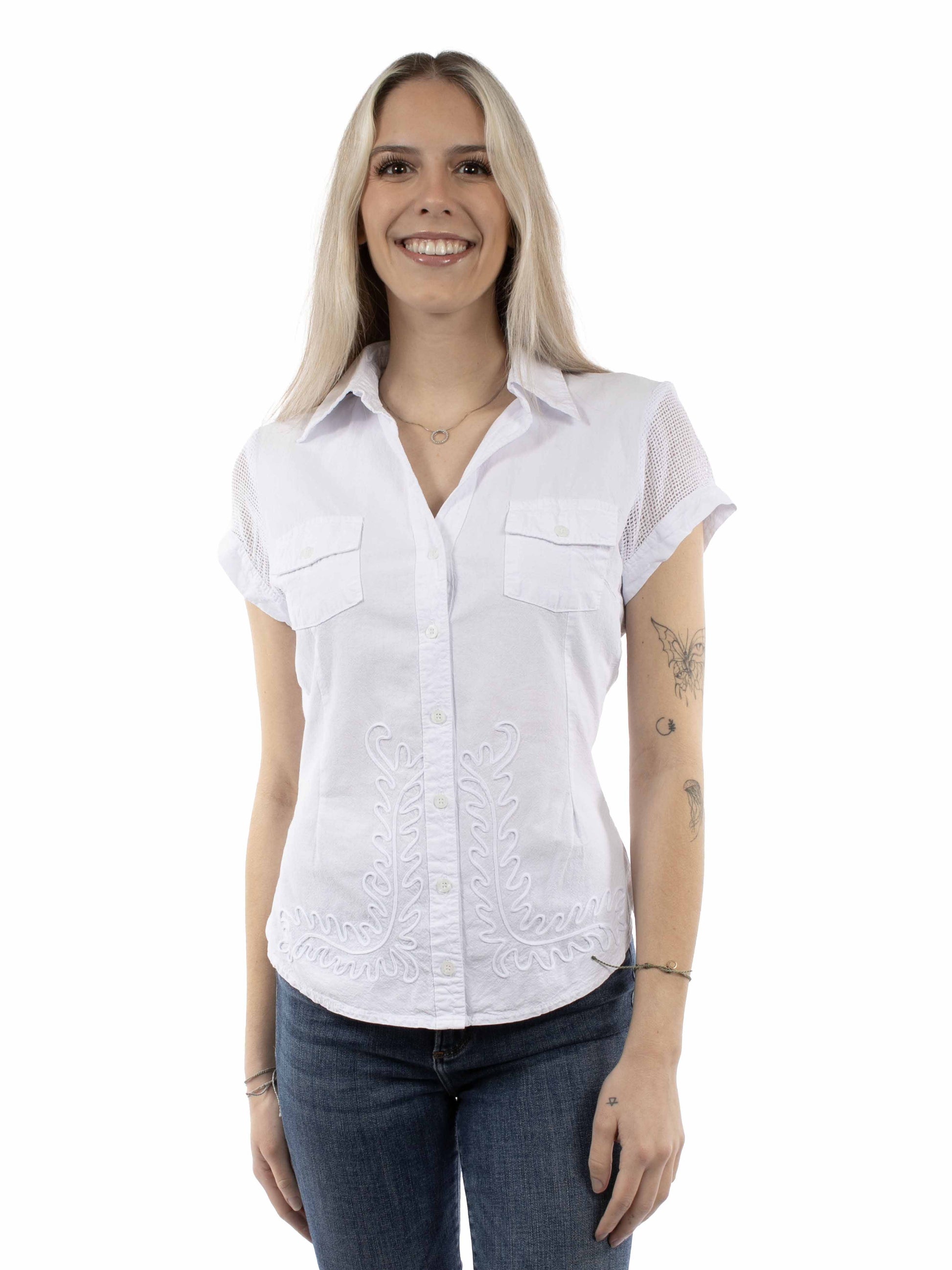 Scully Western Women's Mesh Cap Sleeve Blouse in White