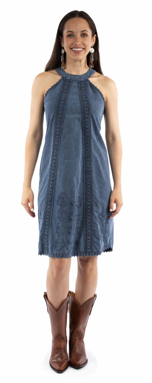 Scully Cantina Women's Halter Neckline Dress With Crochet Details in Dark Blue