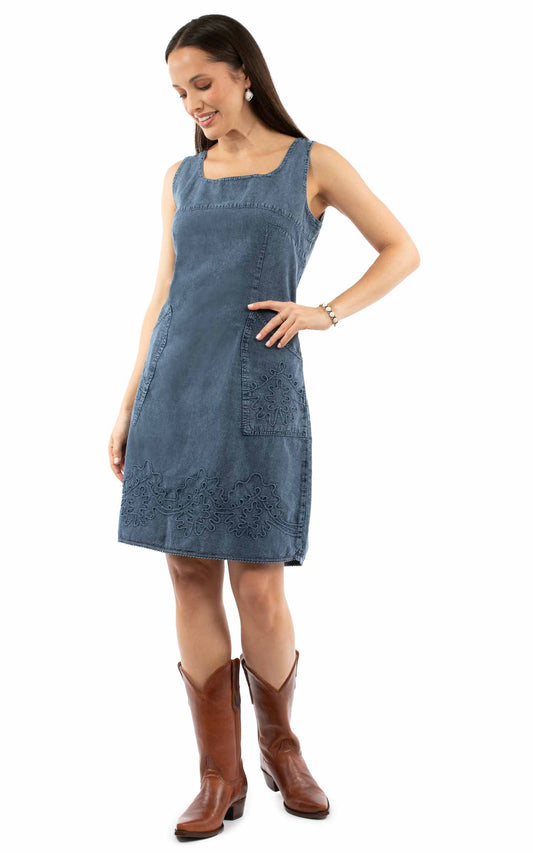 Scully Women's Sleeveless Embroidered Dress with Pockets in Blue