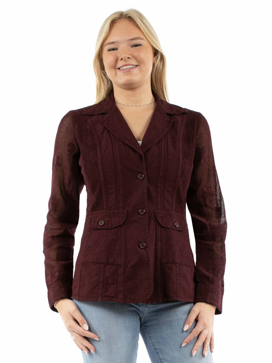 Scully Western Women's Cotton Blazer with Mesh Sleeves in Burgundy