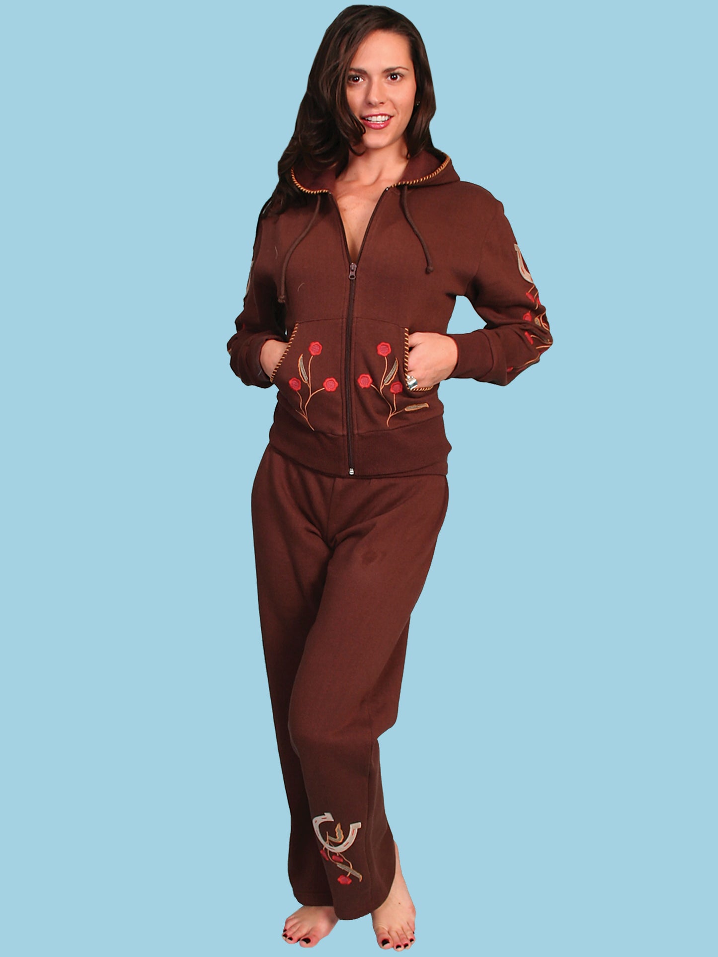 Scully Women's Horseshoe & Vine Embroidered Velour Sweat Pants in Chocolate
