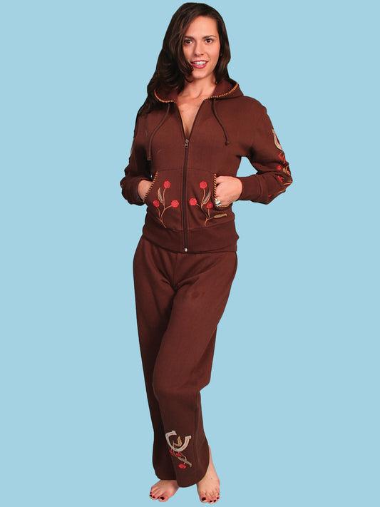 Scully Women's Horseshoe & Vine Embroidered Velour Sweat Pants in Chocolate