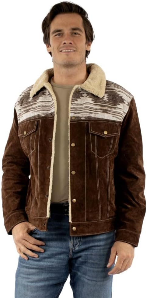 Scully Men's Sherpa Lined Boar Suede Trucker Jacket in Chcoloate