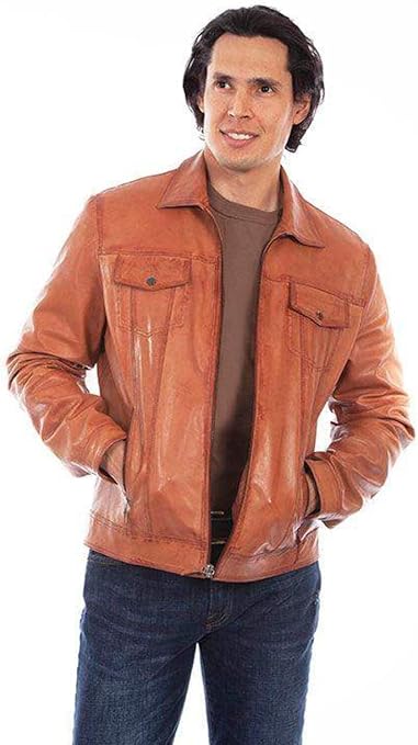 Scully Western Jacket Mens Vintage Lamb Leather Lined Jacket in Cognac