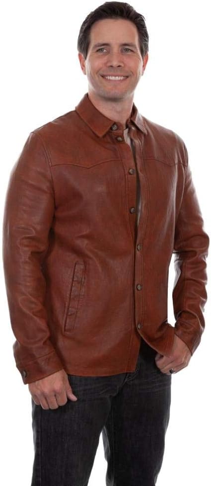 Scully Mens Contemporary Western Leather Shirt Jacket in Cognac