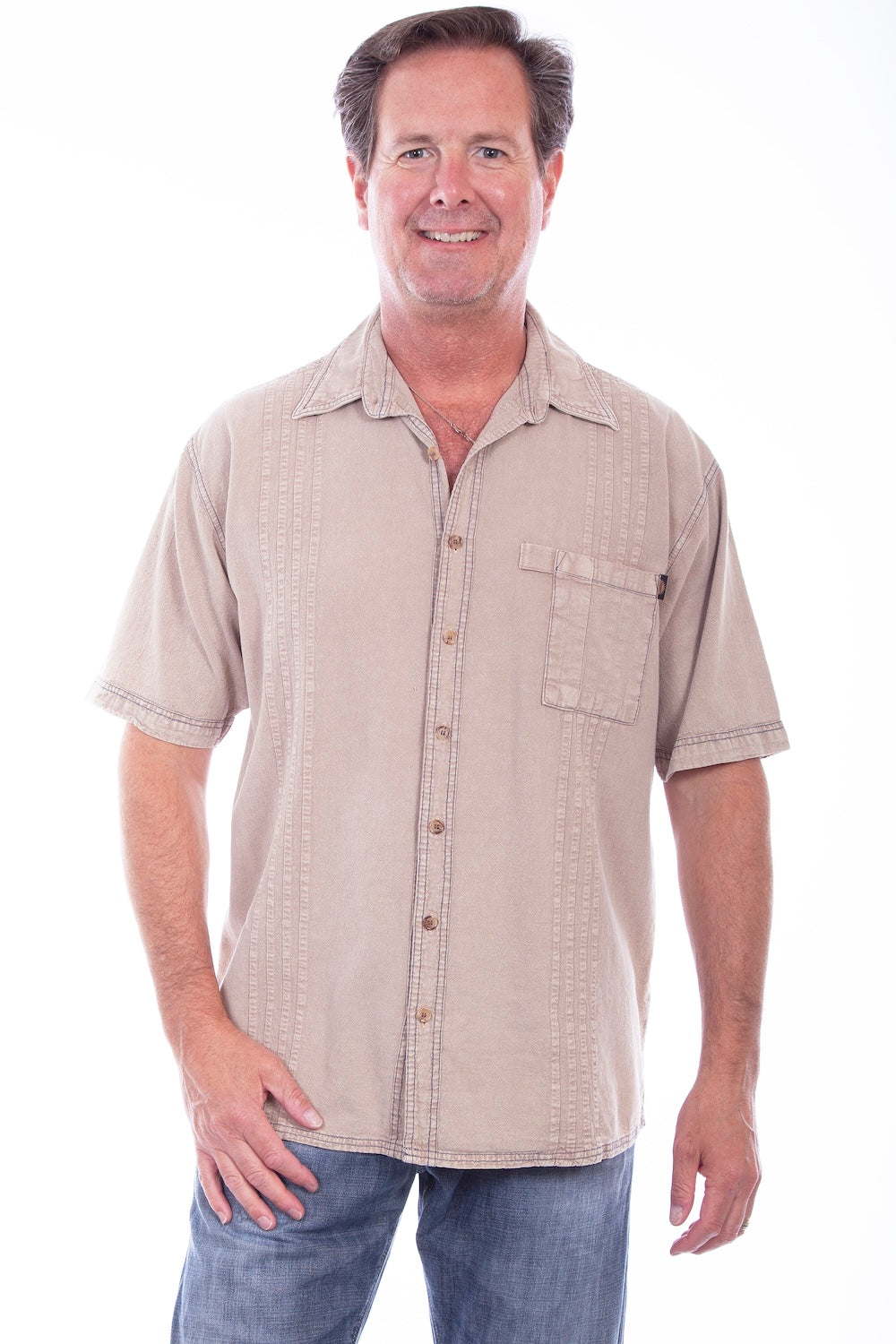 Scully Western Men's The Traveler Short Sleeve Pleated Shirt in Stone