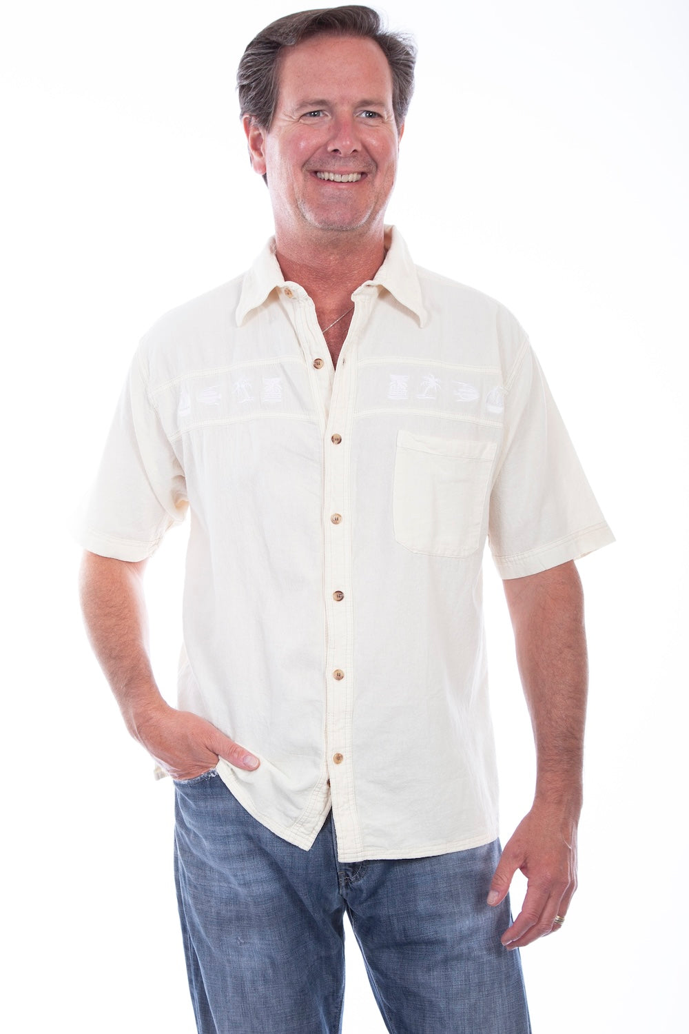Scully Western Men's Longboat Embroidered Shirt in Ivory Distressed
