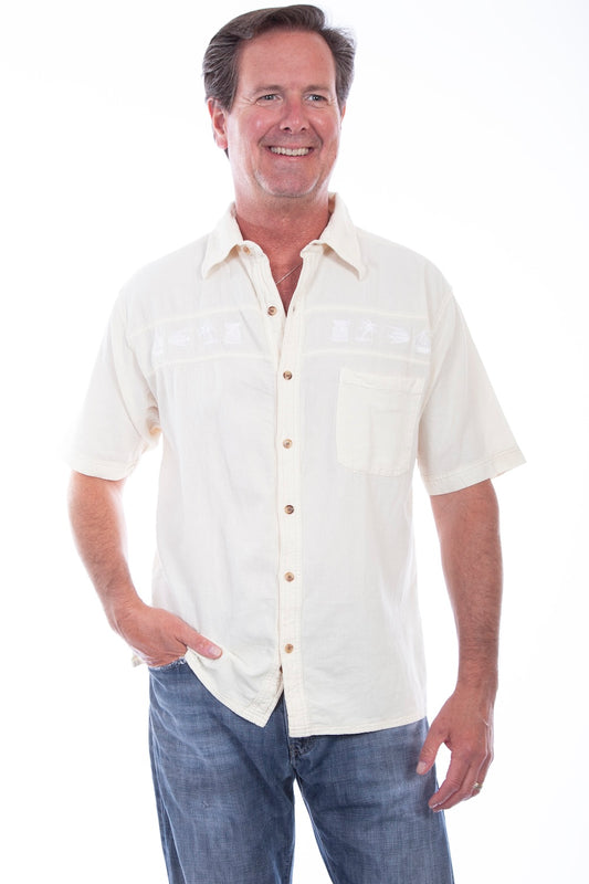 Scully Western Men's Longboat Embroidered Shirt in Ivory Distressed