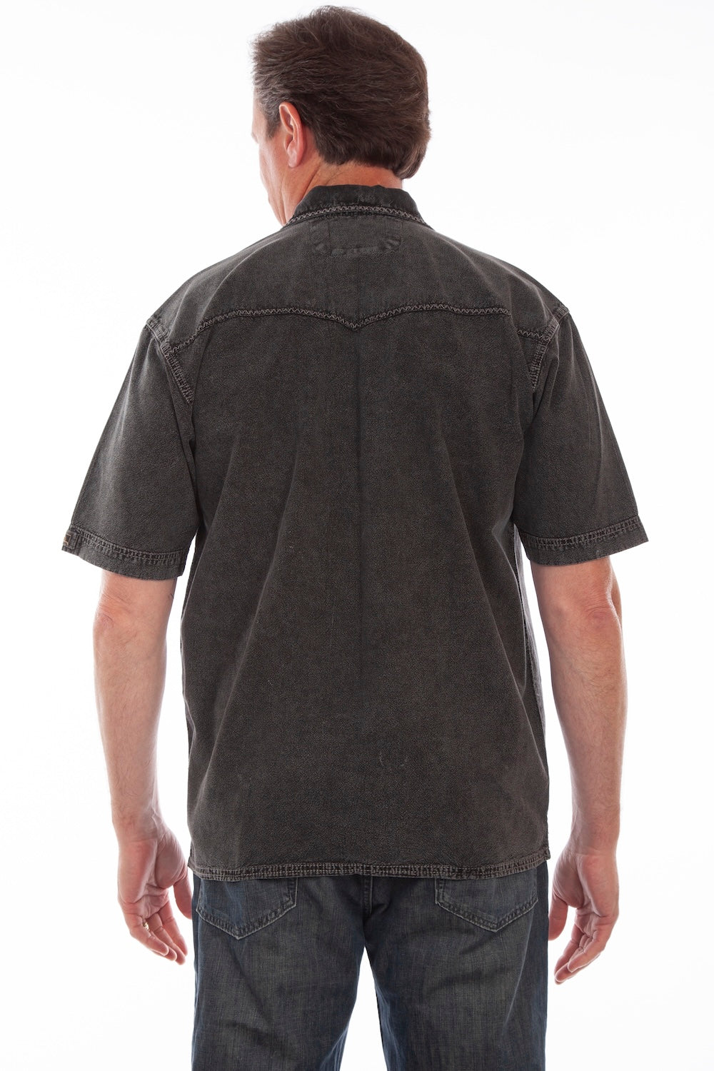 Scully Western Men's Embroidered Horses Button Down T- Shirt in Black Distressed
