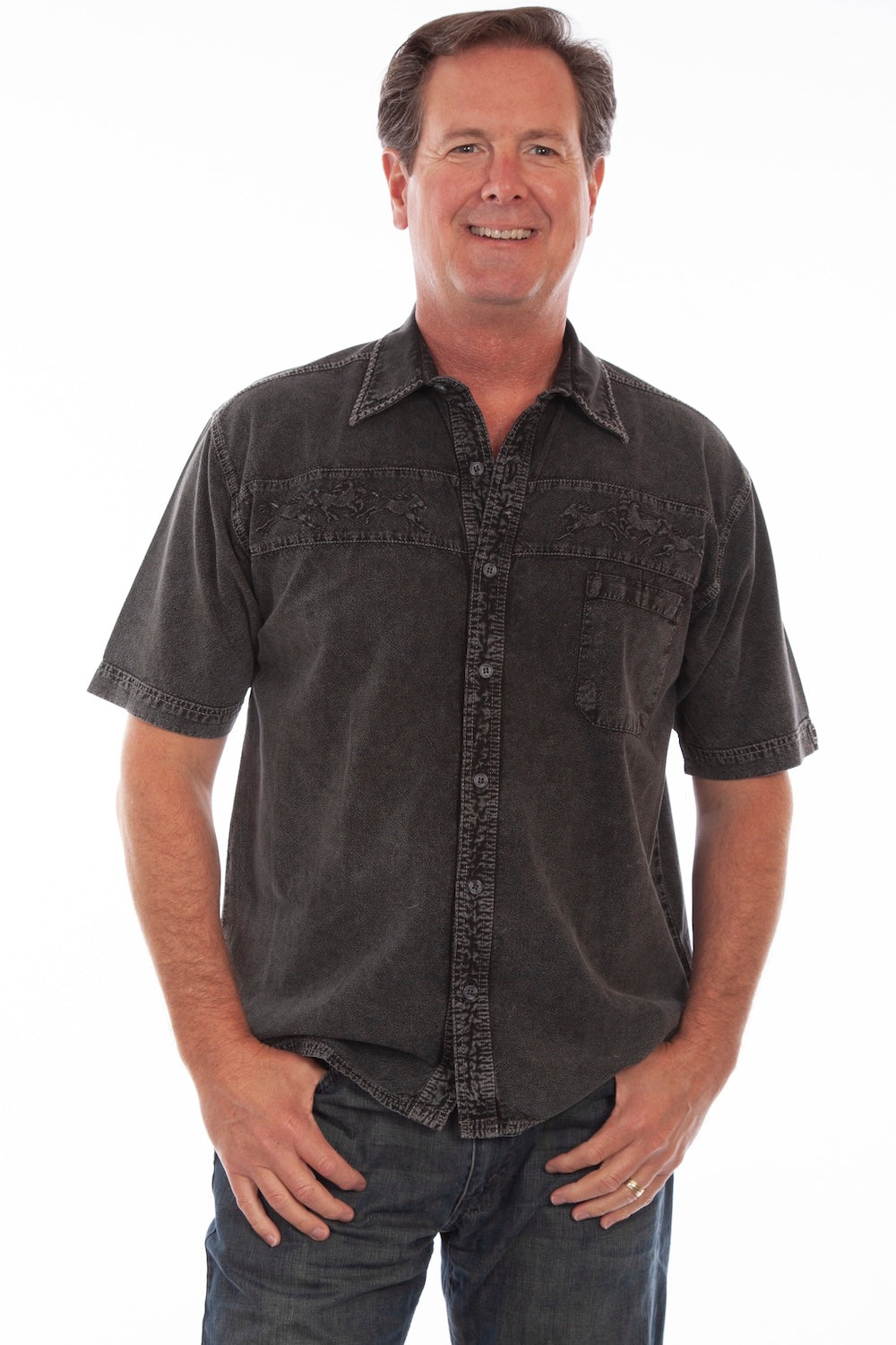 Scully Western Men's Embroidered Horses Button Down T- Shirt in Black Distressed