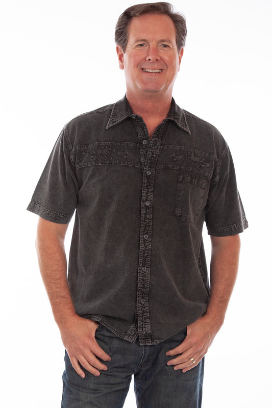 Scully Western Men's Embroidered Horses Button Down T- Shirt in Black Distressed