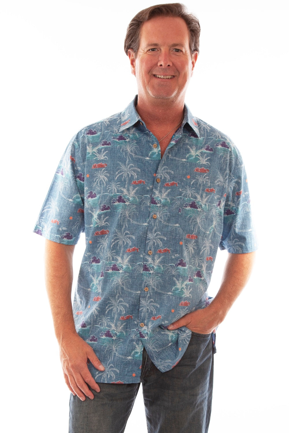Scully Western Men's Hawaiian Palm Tree Button Down T- Shirt in Blue
